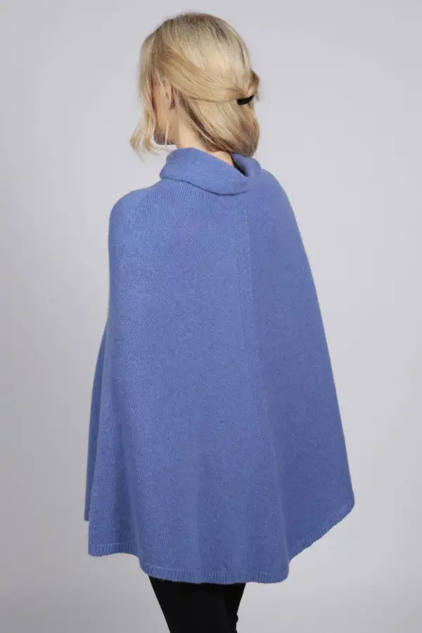 Periwinkle Blue pure cashmere roll neck poncho cape