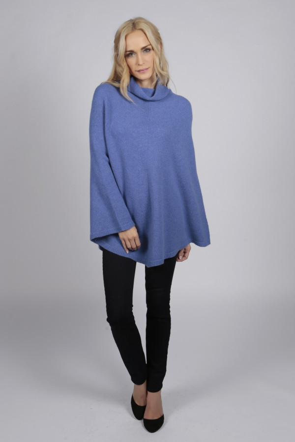 Capa-poncho con cuello de cisne de cachemira pura bígaro azul