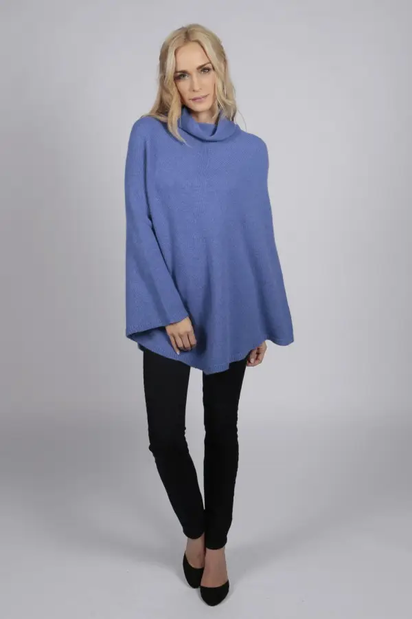 Periwinkle Blue pure cashmere roll neck poncho cape