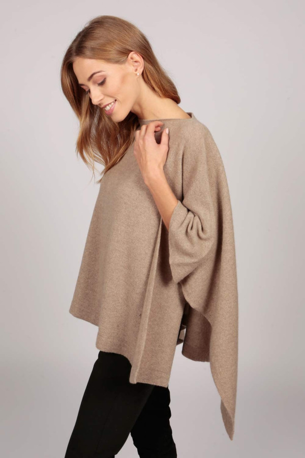 Poncho col bateau en cachemire chameau brun