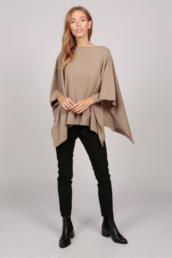 Poncho col bateau en cachemire chameau brun