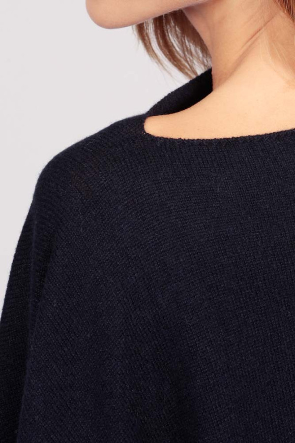 Poncho col bateau en cachemire bleu marine