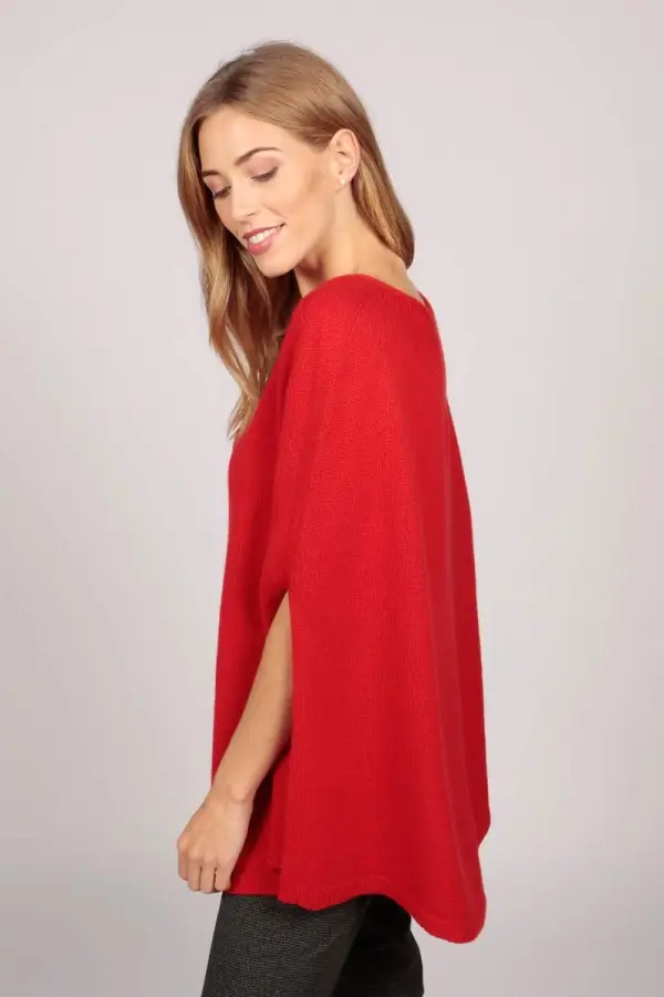 Pure Cashmere Poncho Cape, Plain Knitted in Red