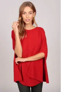 Capa Poncho liso de Cachemira pura de punto en rojo