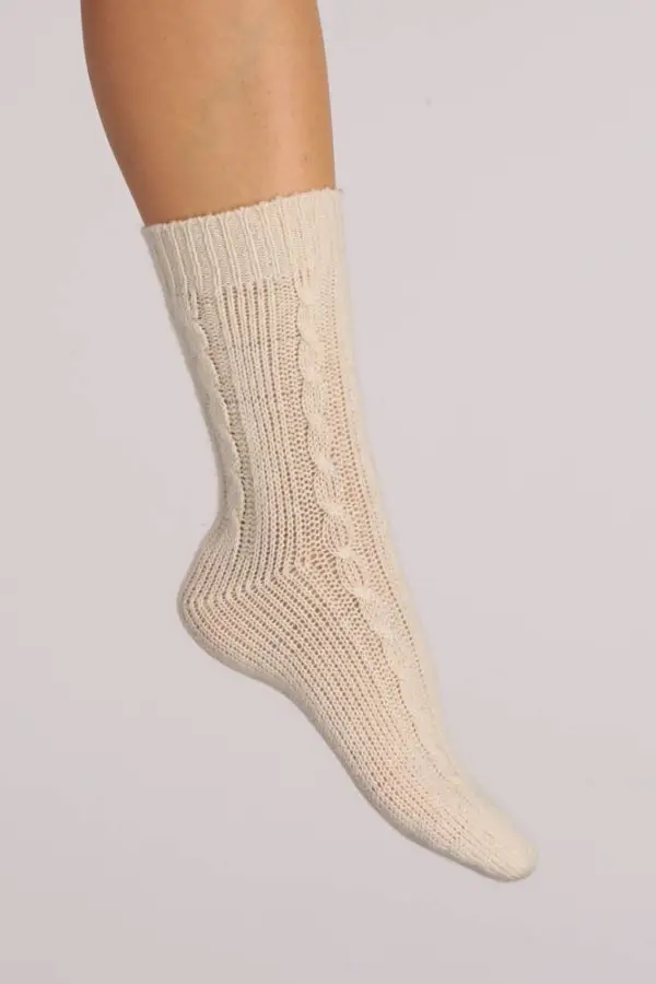 Pure Cashmere Bed Socks in Cream White Cable Knit