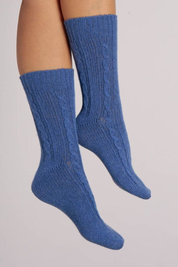 Kaschmir-Bettsocken mit Zopfmuster singrünblau