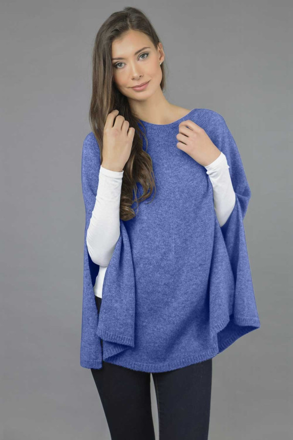 Pure Cashmere Poncho Cape, Plain Knitted in Periwinkle blue