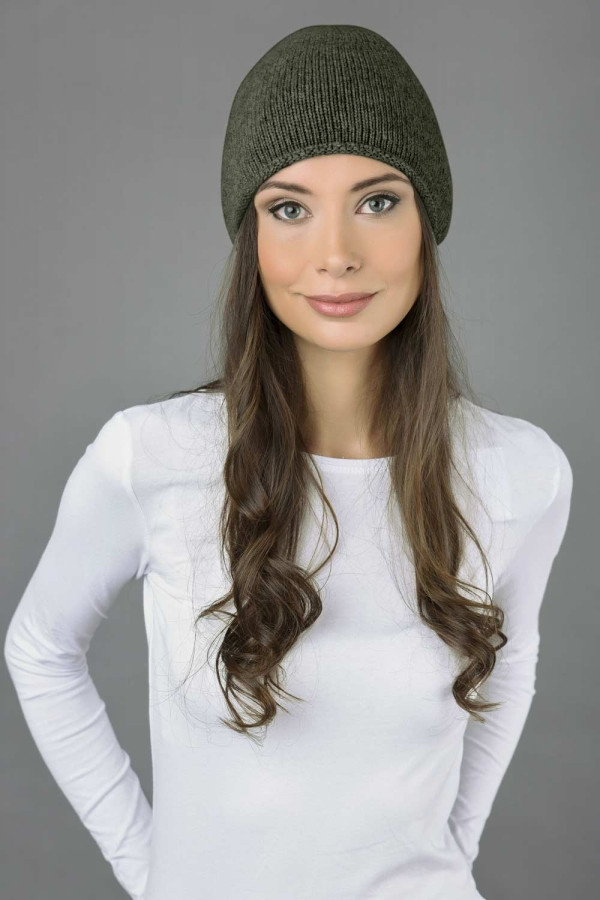 Pure Cashmere Plain Knitted Slouchy Beanie Hat in Army Green