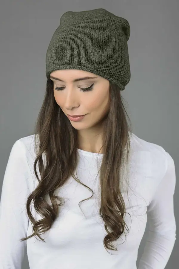 Reine Kaschmir Glatt Gestrickte Slouch Beanie Mütze in Militärgrün