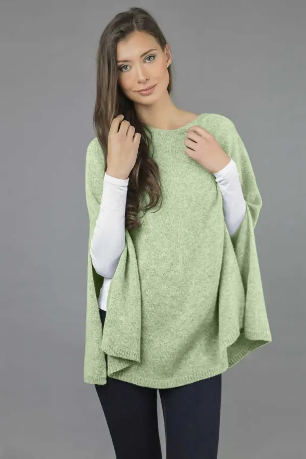 Pure Cashmere Plain Knitted Poncho Cape in Sage Green