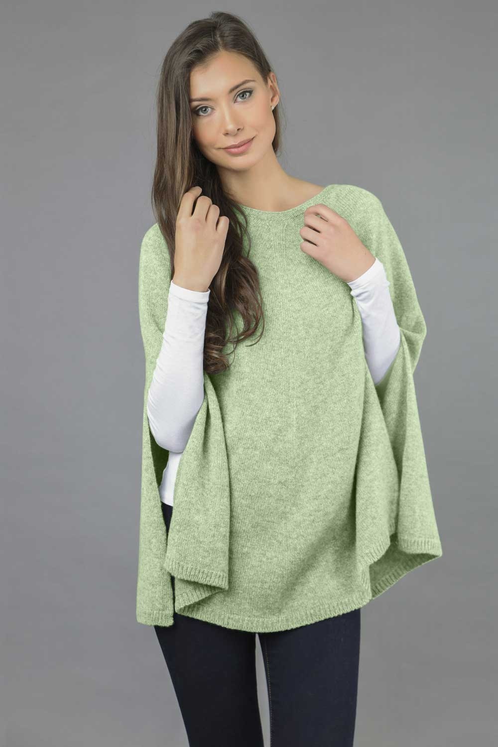 Pure Cashmere Poncho Cape, Plain Knitted in Sage Green | Italy in ...
