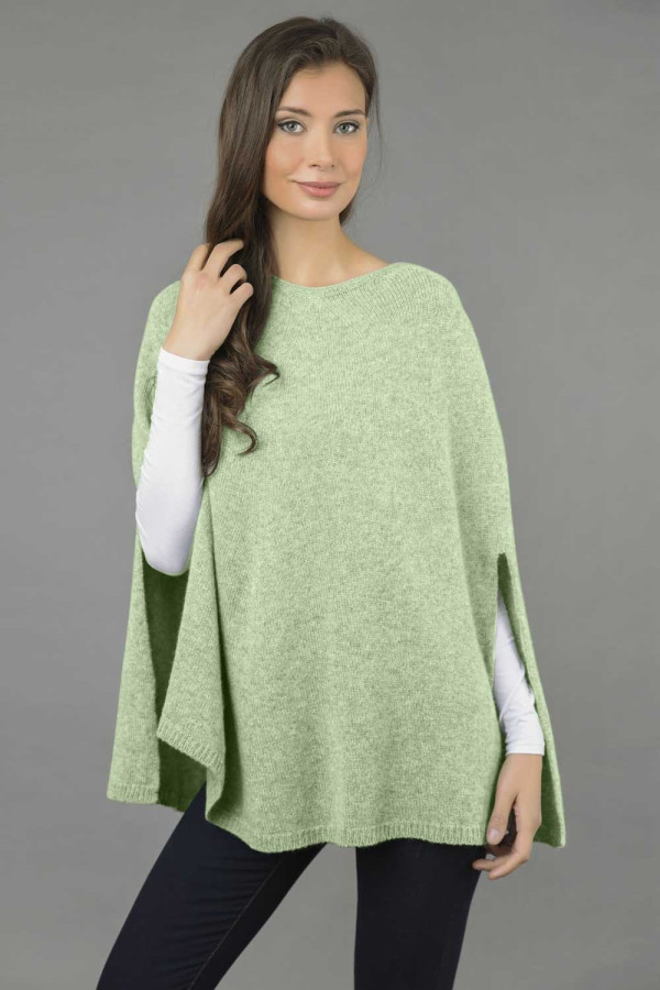 Pure Cashmere Plain Knitted Poncho Cape in Sage Green