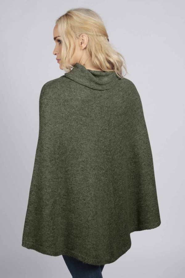 Army Green pure cashmere roll neck poncho cape