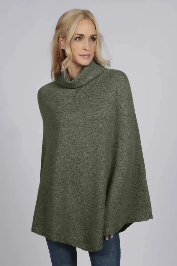 Mantella poncho collo alto verde militare 100% cashmere