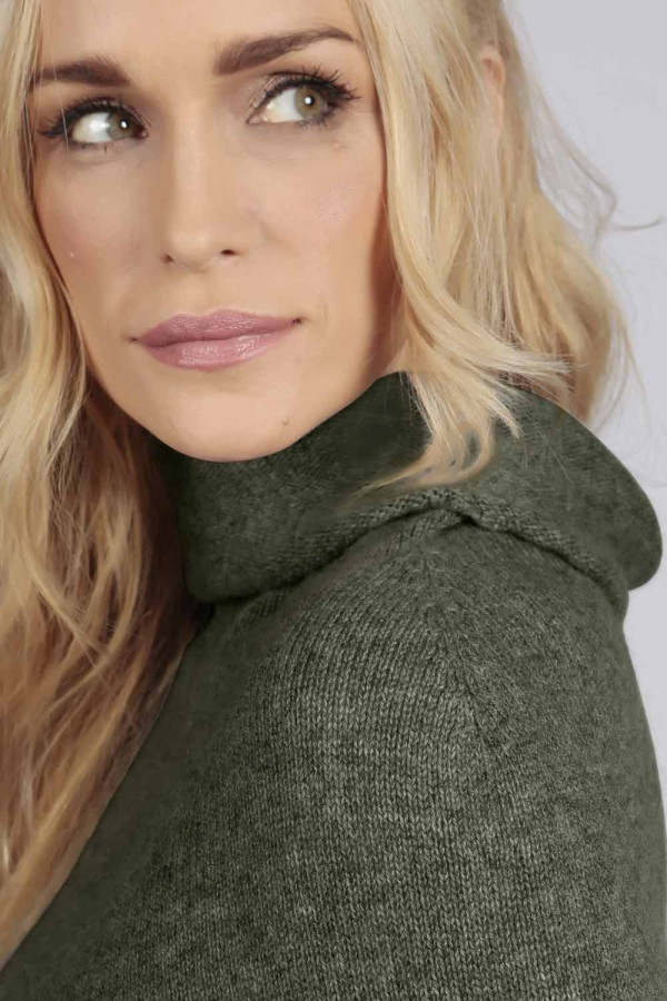 Army Green pure cashmere roll neck poncho cape