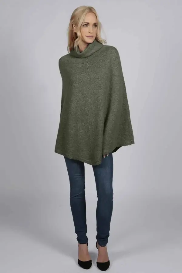 Capa-poncho con cuello de cisne de cachemira pura verde militar
