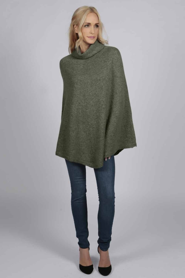 Poncho cape à col roulé 100% cachemire en vert militaire