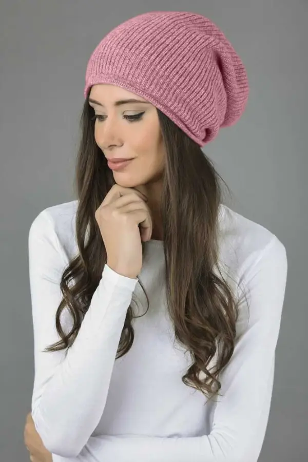 Reine Kaschmir Rippenstrick Slouch Beanie Mütze in antike Rose