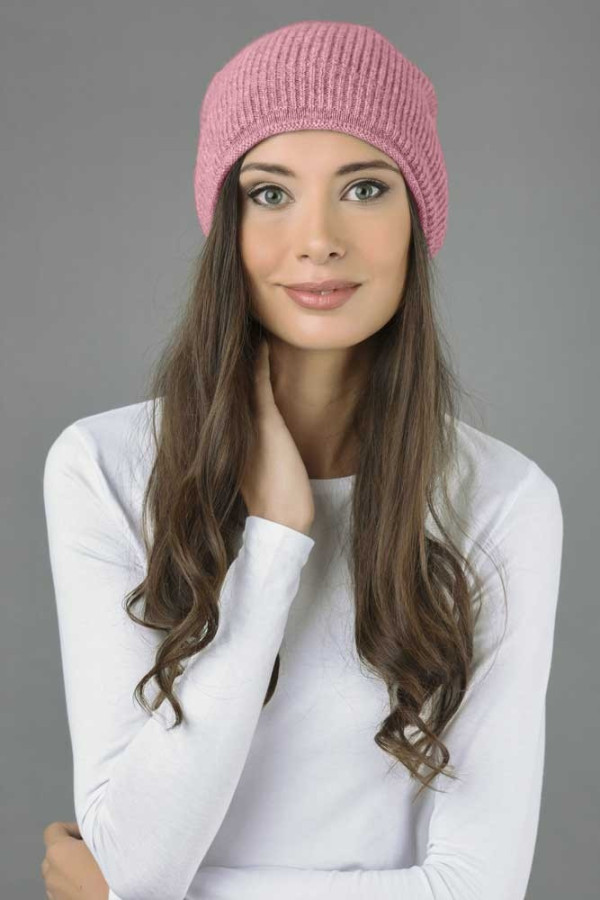 Pure Cashmere Ribbed Knitted Slouchy Beanie Hat in Antique Pink