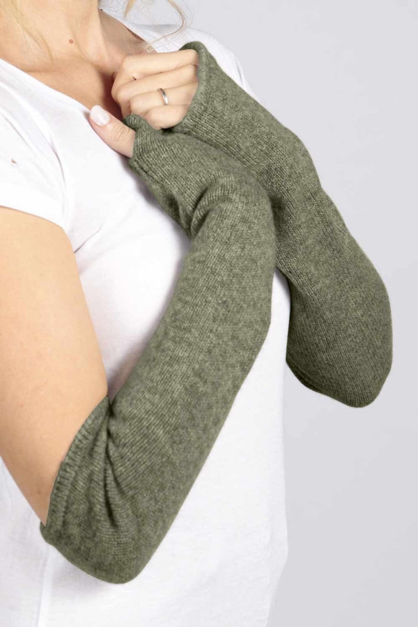 Army Green pure cashmere fingerless long wrist warmer gloves