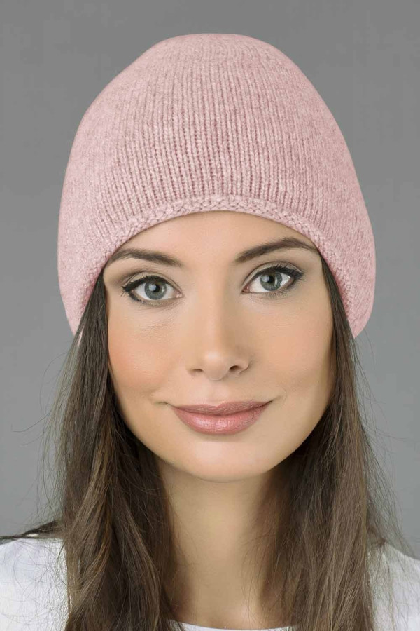 Pure Cashmere Plain Knitted Slouchy Beanie Hat in Baby Pink