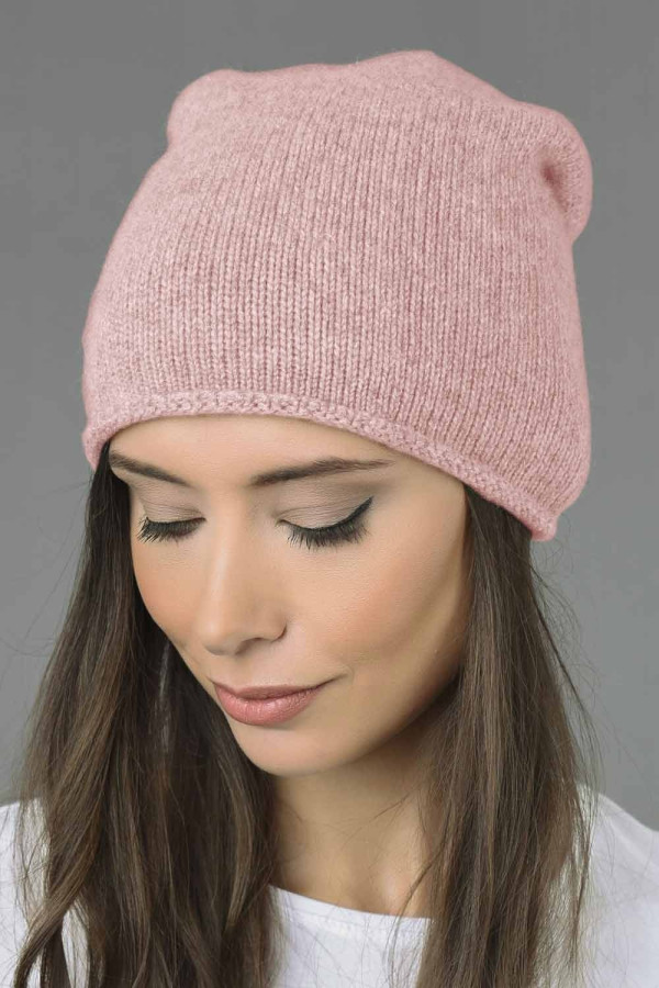 Reine Kaschmir Glatt Gestrickte Slouch Beanie Mütze in Baby Rosa