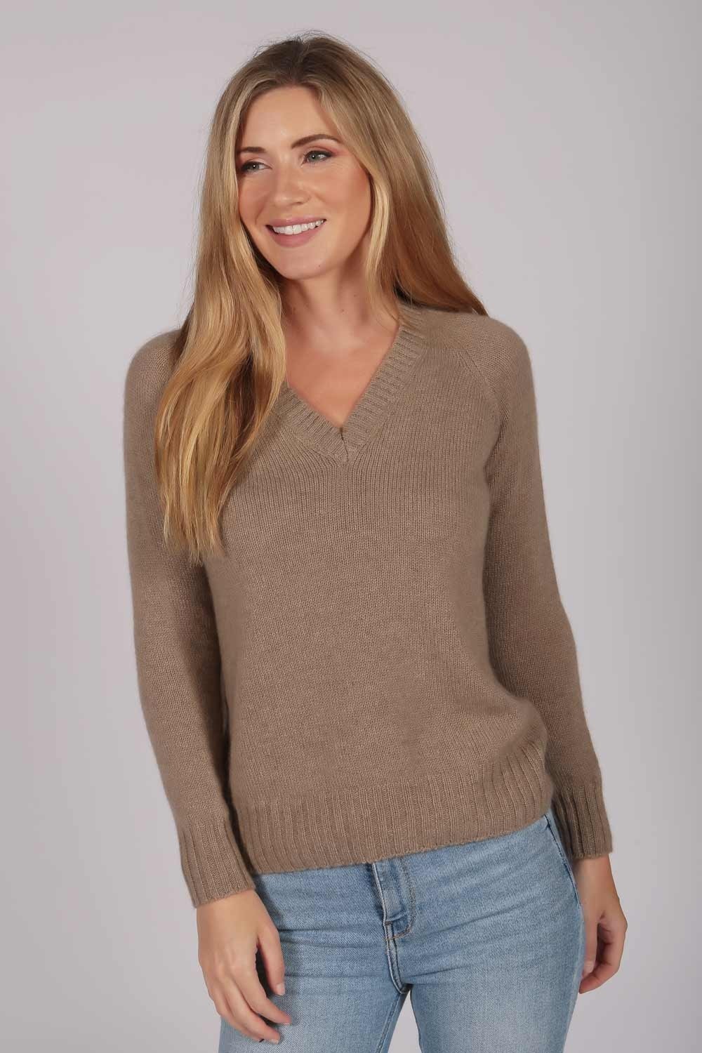 Camel brown V-Neck Cashmere Sweater (100%) | Italy in Cashmere US