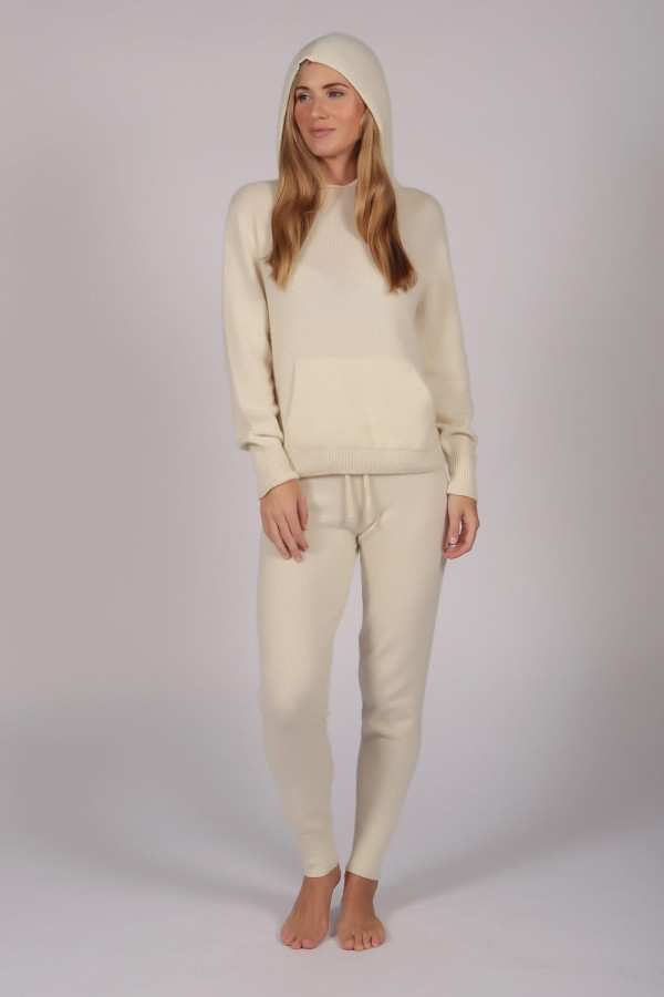 Cream White 100% Cashmere Hoodie for Women