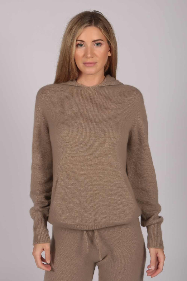 100% Kaschmir-Kapuzenpulli für Frauen kamelbraun