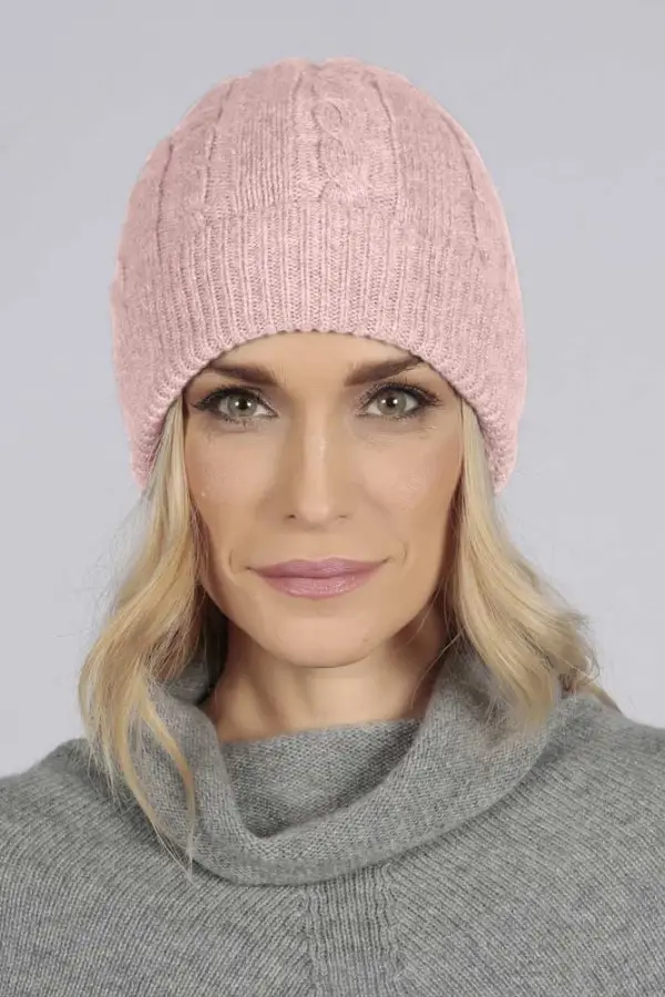 Reine Kaschmir Beanie Mütze Kabel und Rippenstrick in baby rosa