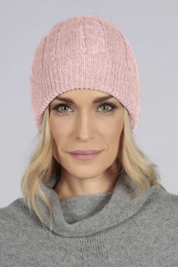 Baby Pink pure cashmere beanie hat cable and rib knit