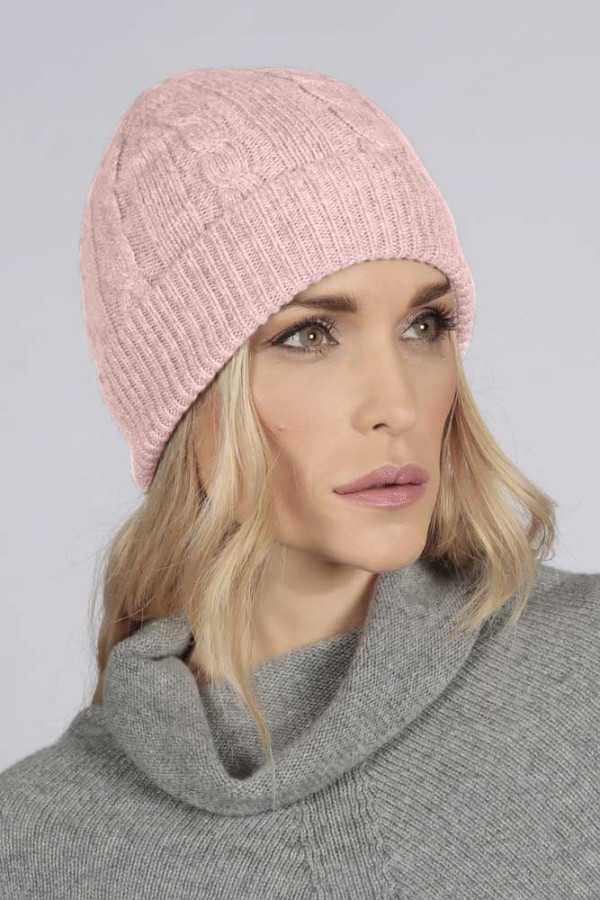 Bonnet en tricot torsadé et côtelé pur cachemire en crème blanc