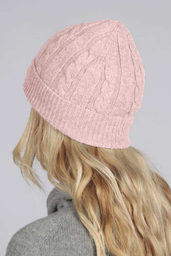 Baby Pink pure cashmere beanie hat cable and rib knit