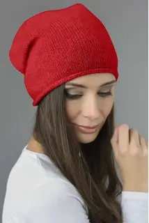 Pure Cashmere Plain Knitted Slouchy Beanie Hat in Red