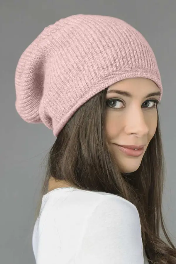 Reine Kaschmir Rippenstrick Slouch Beanie Mütze in baby rosa