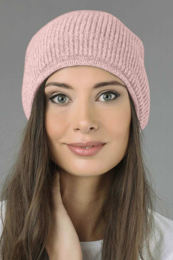 Pure Cashmere Ribbed Knitted Slouchy Beanie Hat in Baby Pink