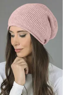 Reine Kaschmir Rippenstrick Slouch Beanie Mütze in baby rosa