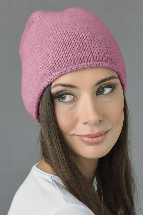 Pure Cashmere Plain Knitted Slouchy Beanie Hat in Antique Pink