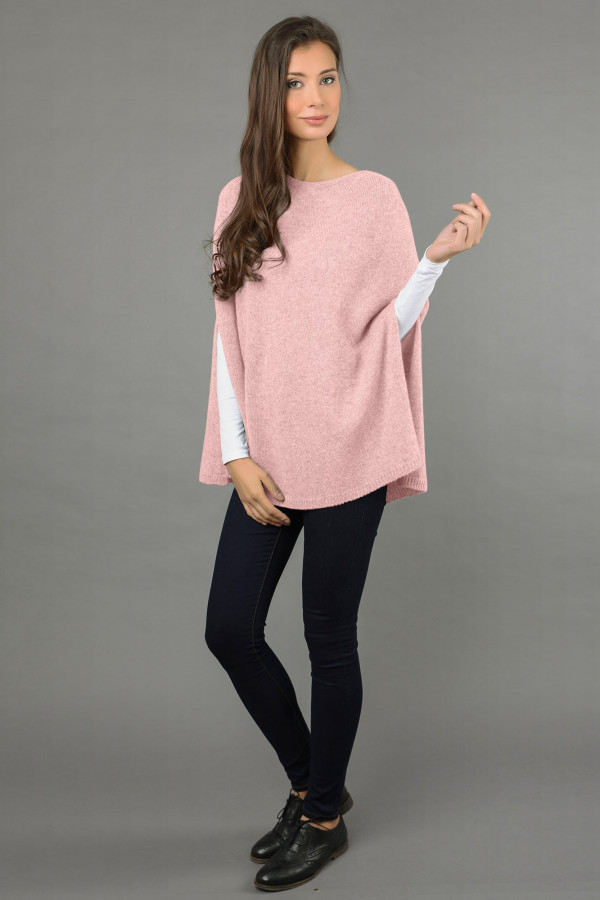 Capa Poncho liso de Cachemira pura de punto en rosa bebé