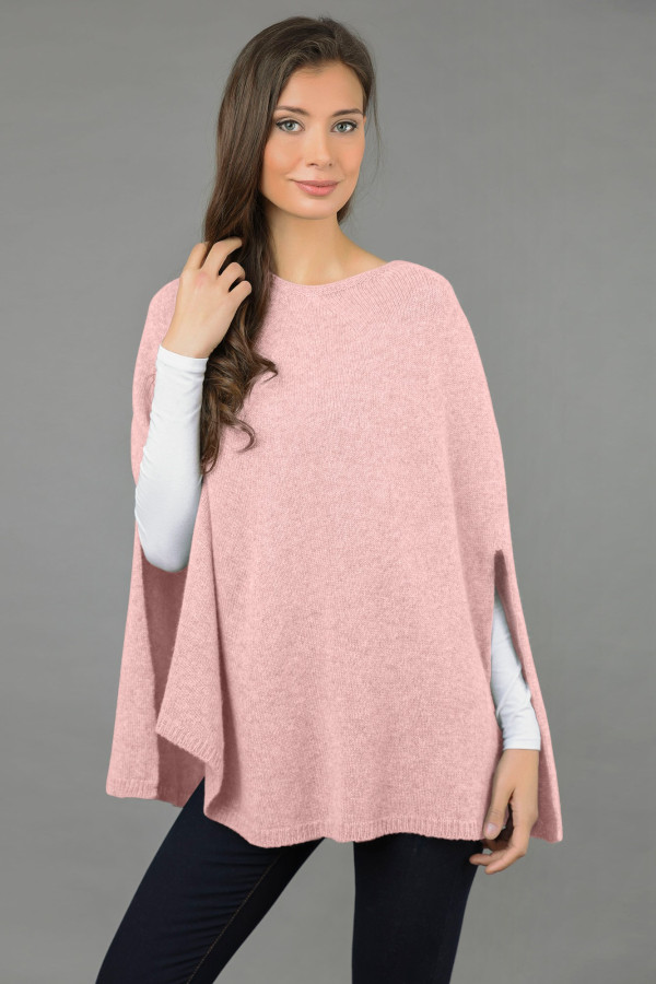 Pure Cashmere Plain Knitted Poncho Cape in Baby Pink front
