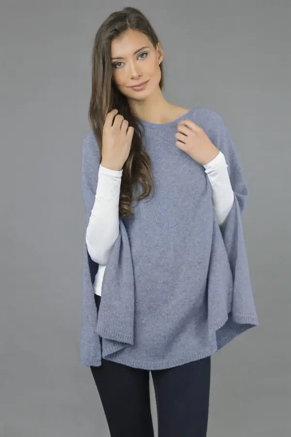 Pure Cashmere Plain Knitted Poncho Cape in Light Blue