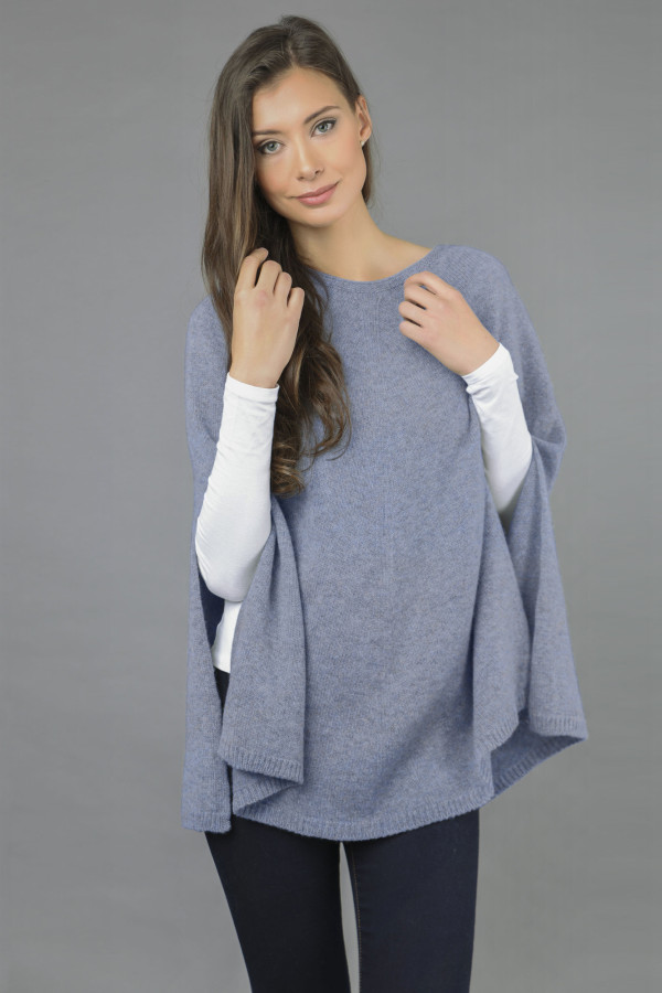 Reiner Kaschmir Glatt Gestrickter Poncho Umhang in hellblau