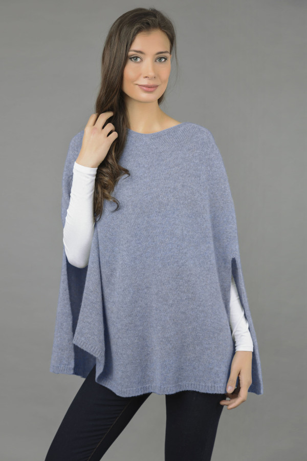 Capa Poncho liso de Cachemira pura de punto en azul marino