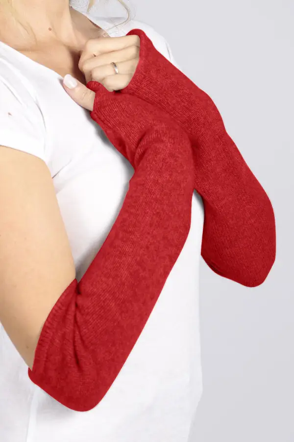 Longs gants / chauffe-poignet sans doigts pur cachemire en rouge