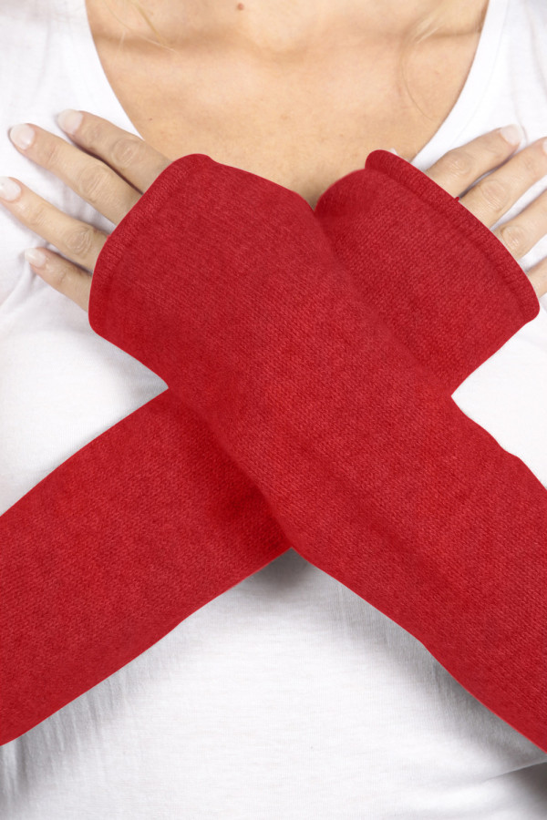 Longs gants / chauffe-poignet sans doigts pur cachemire en rouge