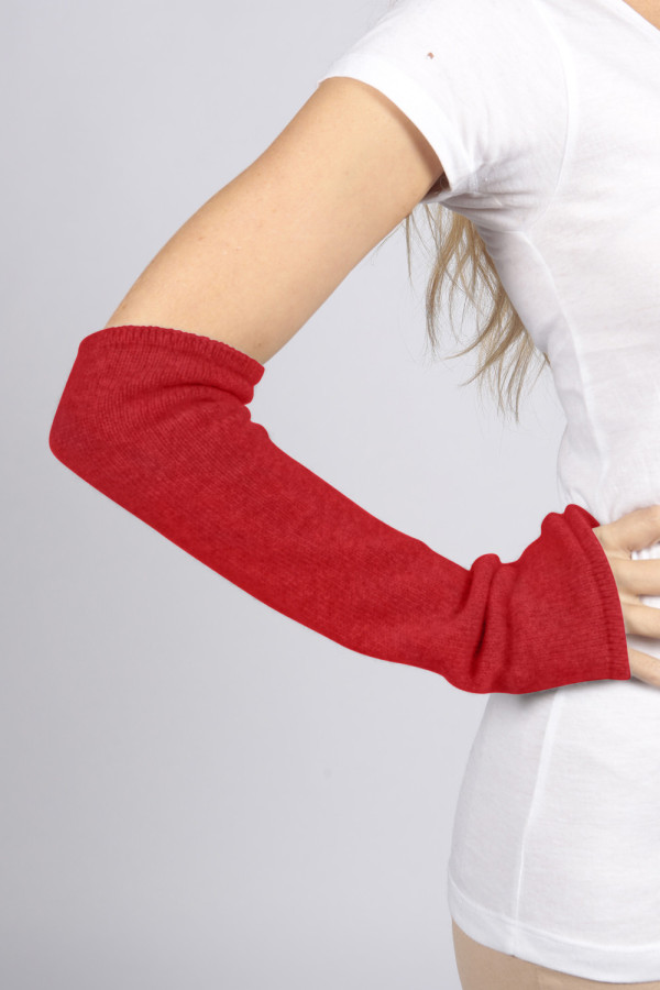 Longs gants / chauffe-poignet sans doigts pur cachemire en rouge