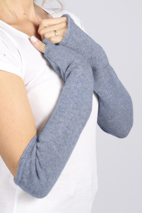 Light blue pure cashmere fingerless long wrist warmer gloves