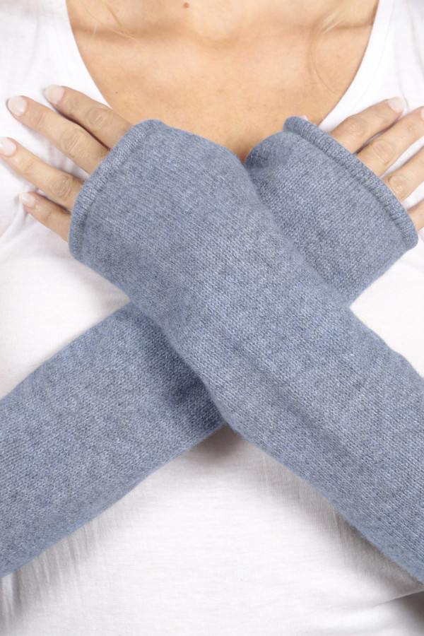 Longs gants / chauffe-poignet sans doigts pur cachemire en bleu clair