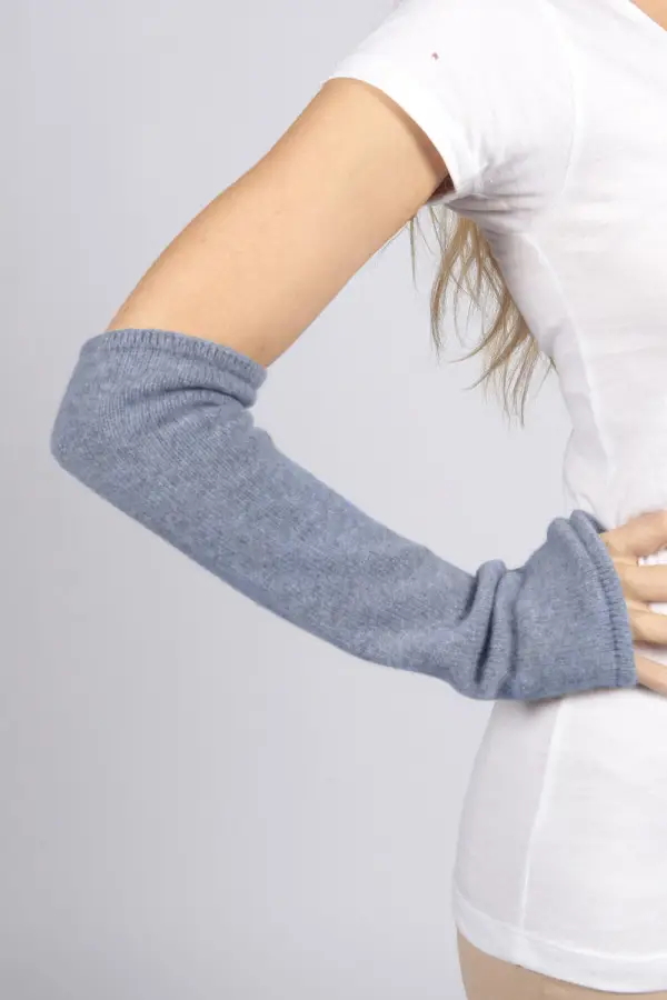 Longs gants / chauffe-poignet sans doigts pur cachemire en bleu clair