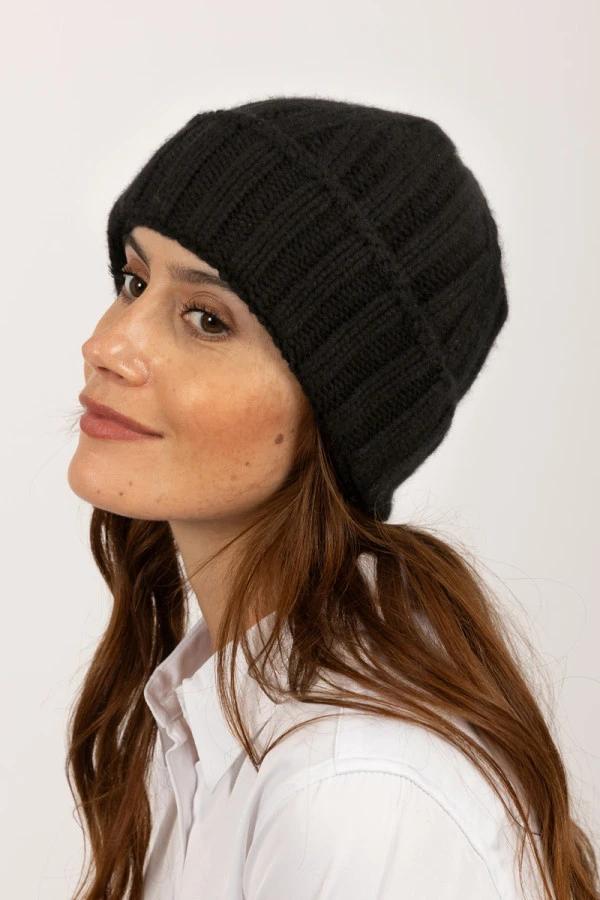 Dicke gerippte Kaschmir-Beanie-Mütze in schwarz